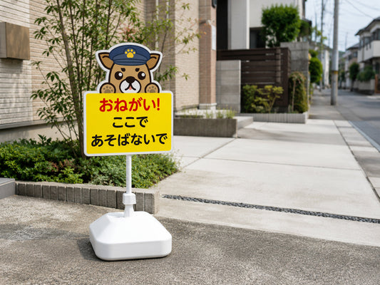 住宅街の前に設置された「ここであそばないで」スタンド看板の設置イメージ