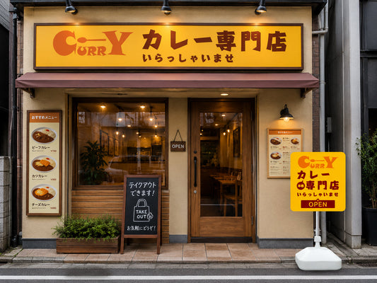 カレー店の店頭に設置したカレーのスタンド看板のイメージ