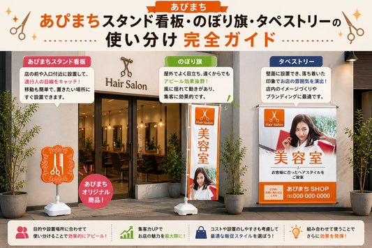あぴまちスタンド看板・のぼり旗・タペストリーの使い分け比較イメージ