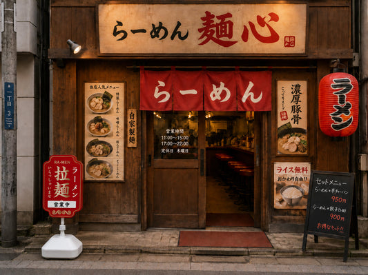 ラーメン店の入口に設置されたラーメンスタンド看板のイメージ