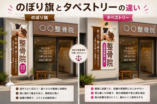 のぼり旗とタペストリーの違いを比較した店舗販促イメージ
