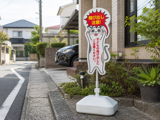 住宅街に設置された飛び出し注意スタンド看板