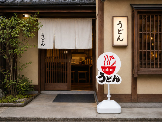 うどん店の入口に設置されたうどんスタンド看板のイメージ