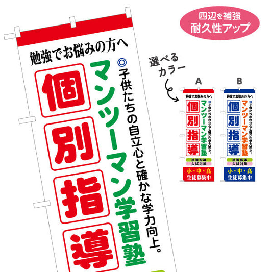 のぼり旗 個別指導 マンツーマン 学習塾 個人塾 新規開講 生徒募集PR向け 選べるカラー 名入れ無料 S-171-60
