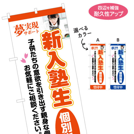 のぼり旗 進入塾生 個別指導 マンツーマン 学習塾 個人塾 新規開講 生徒募集PR向け 選べるカラー 名入れ無料 S-171-62