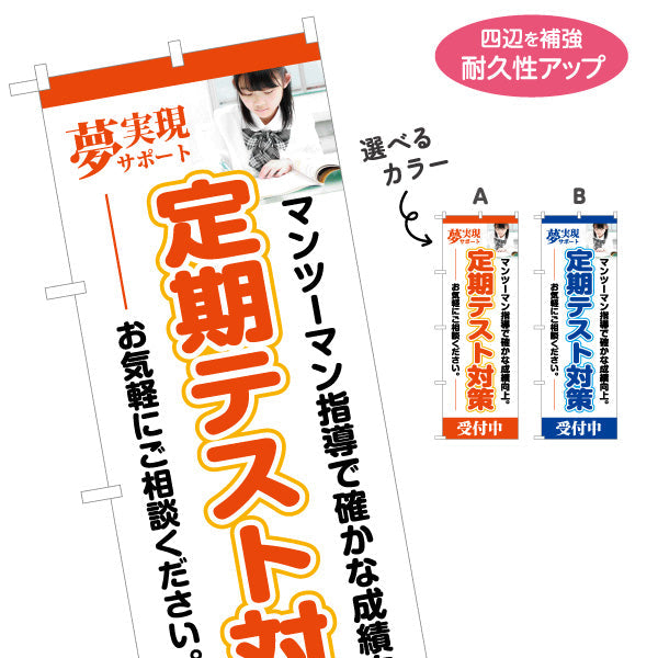 のぼり旗 定期テスト対策 学習塾 個人塾 新規開講 生徒募集PR向け 選べるカラー 名入れ無料 S-171-63
