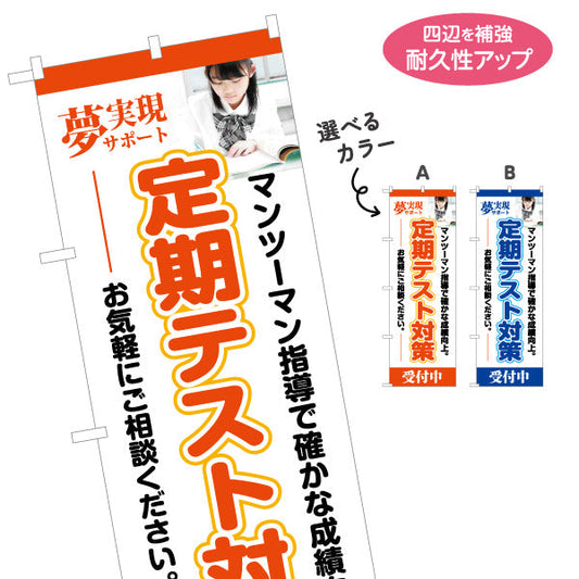 のぼり旗 定期テスト対策 学習塾 個人塾 新規開講 生徒募集PR向け 選べるカラー 名入れ無料 S-171-63