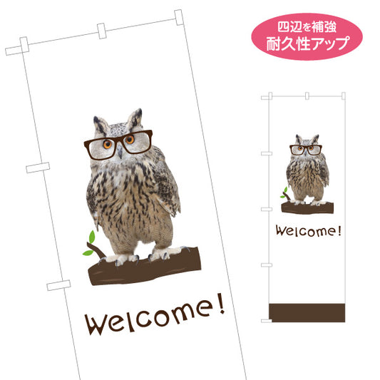 のぼり旗 メガネふくろう Welcomeデザイン 木にとまる可愛い動物イラスト 店舗前・案内・集客PR向け 名入れ無料 S-1912-2