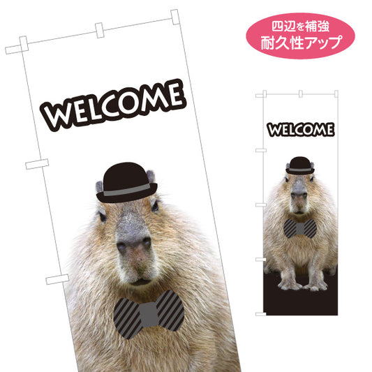 のぼり旗 カピバラ Welcomeデザイン 帽子＆蝶ネクタイでほっこり癒しの動物アート 店舗前・案内・集客PR向け 名入れ無料 S-1912-7