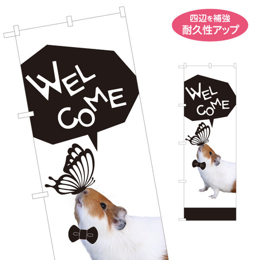 のぼり旗 蝶とモルモット Welcomeデザイン 吹き出しロゴのおしゃれ動物イラスト 店舗前・案内・集客PR向け 名入れ無料 S-1912-8