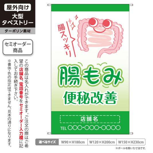 タペストリー 腸もみ 便秘改善 腸スッキリかわいい腸キャラ入り グリーンタイプ 整骨院・整体院・PR向け 名入れ無料 セミオーダー商品 ターポリン素材 屋外使用可 S-5320-7