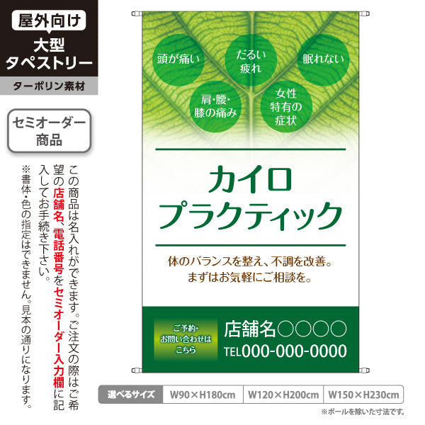 タペストリー カイロプラクティック 体のバランス改善 頭痛・疲れ・不調ケア グリーンデザイン 整骨院・整体院・PR向け 名入れ無料 セミオーダー商品 ターポリン素材 屋外使用可 S-5324-1