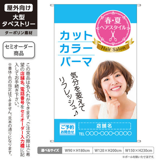 タペストリー 美容室 春夏ヘアスタイルPR 写真入りデザイン ブルータイプ カットカラー専門店向け 名入れ無料 セミオーダー商品 ターポリン素材 屋外使用可 S-533-14