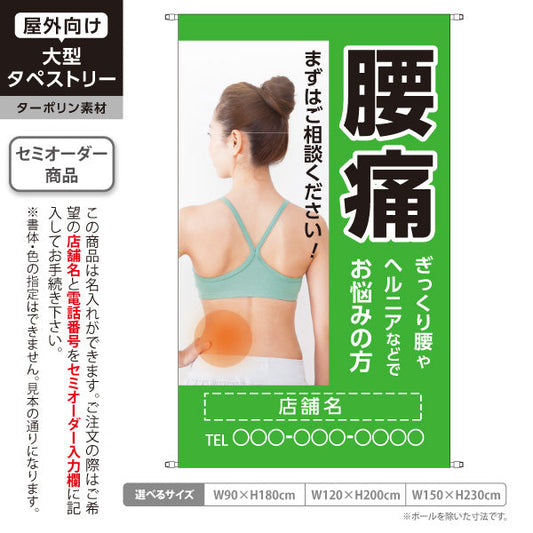 タペストリー 腰痛 ぎっくり腰やヘルニアなどでお悩みの方に グリーンタイプ 整骨院・整体院向け 名入れ無料 セミオーダー商品 ターポリン素材 屋外使用可 S-536-26