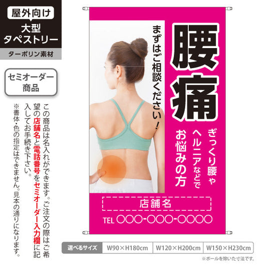 タペストリー 腰痛 ぎっくり腰やヘルニアなどでお悩みの方に ピンクタイプ 整骨院・整体院向け 名入れ無料 セミオーダー商品 ターポリン素材 屋外使用可 S-536-27