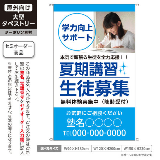 タペストリー 夏期講習 学習塾 生徒募集 個人塾 新規開講  生徒募集PR向け 名入れ無料 セミオーダー商品 ターポリン素材 屋外使用可 S-571-2