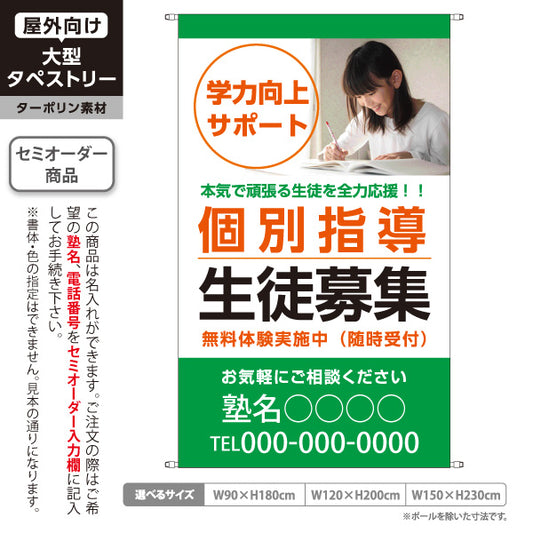 タペストリー 個別指導 学習塾 生徒募集 個人塾 新規開講  生徒募集PR向け 緑 名入れ無料 セミオーダー商品 ターポリン素材 屋外使用可 S-571-4